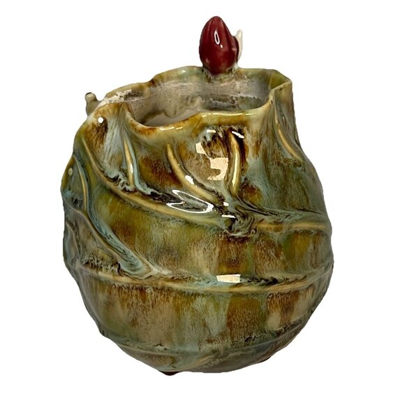 Vintage Majolica Green Glaze Leaves and Frog w Roses Vase Planter Incised Mark - Picture 6 of 14